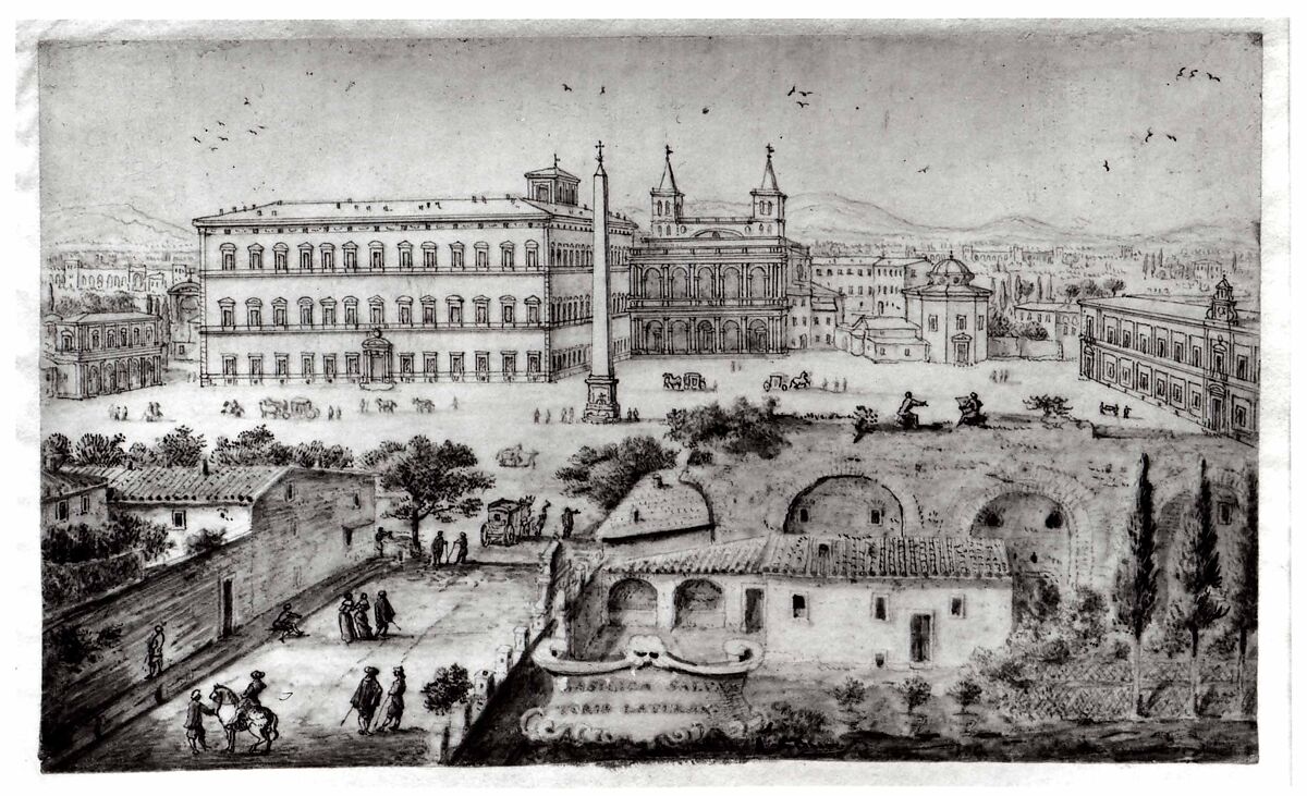 View of Lateran, Rome, Lievin Cruyl (Ghent 1634–Ghent 1720 (?)), Pen and brush and gray and brown ink, gray and brown washes, some watercolor and white gouache, on vellum.