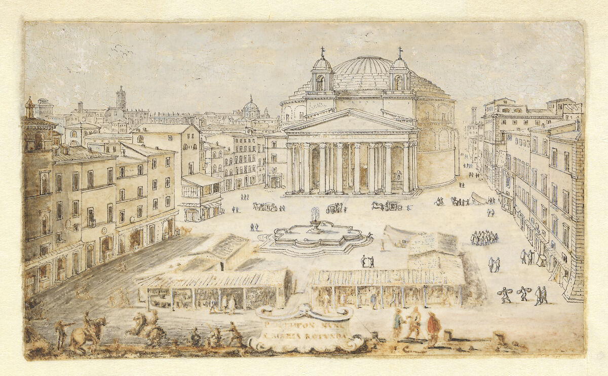 View of the Pantheon, Rome, Lievin Cruyl (Ghent 1634–Ghent 1720 (?)), Pen and brush and gray and brown ink, gray and brown washes, some watercolor and white gouache, on vellum. 