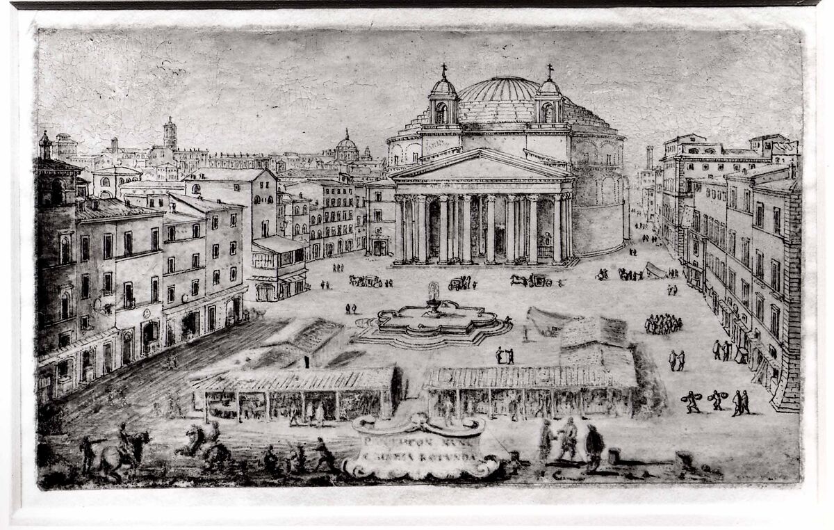 View of the Pantheon, Rome, Lievin Cruyl (Ghent 1634–Ghent 1720 (?)), Pen and brush and gray and brown ink, gray and brown washes, some watercolor and white gouache, on vellum.