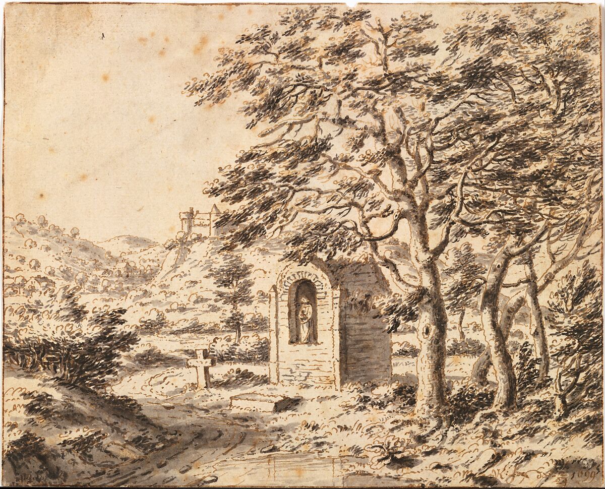 A Roadside Shrine and Cross, Valentijn Klotz  Dutch, Pen and brown ink, brush and gray ink, gray wash.