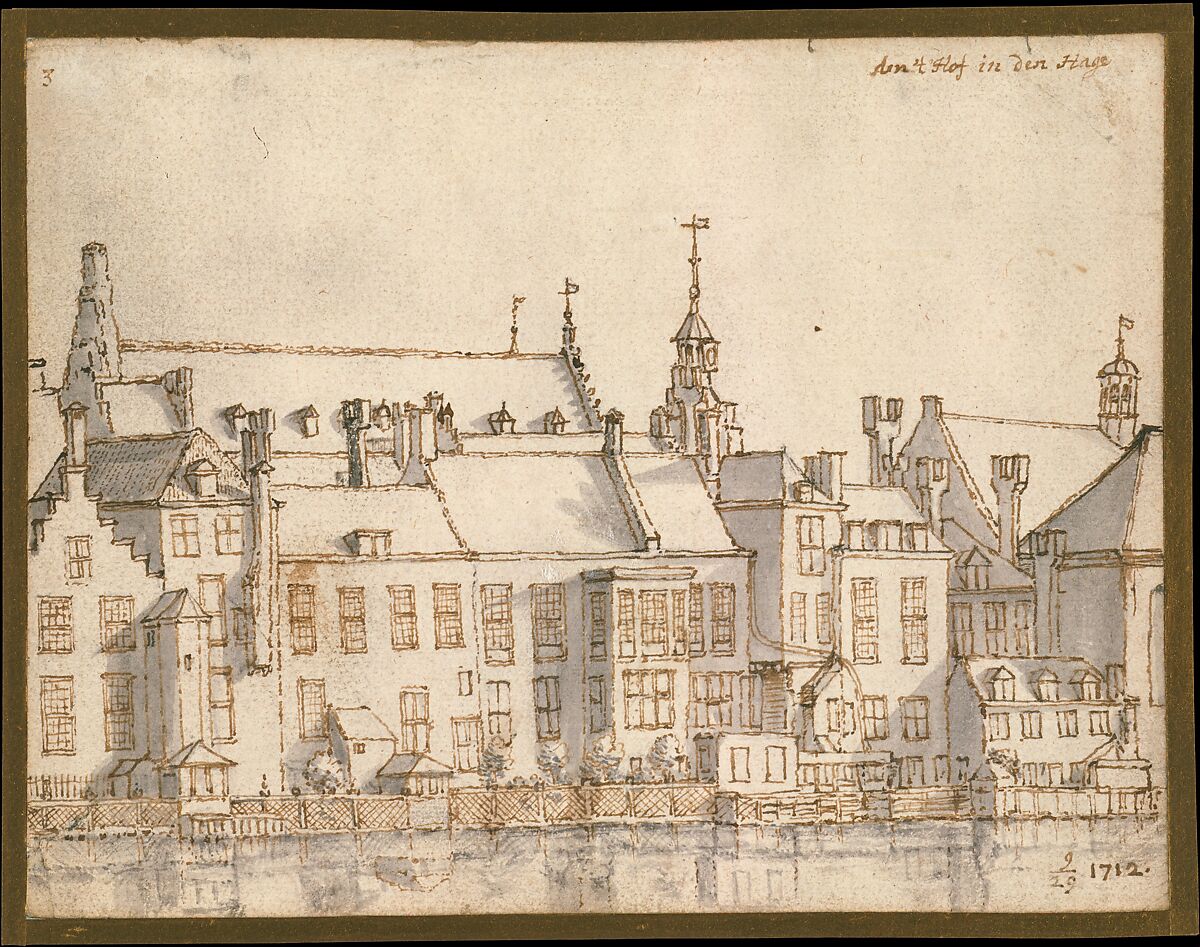 Buildings Along the Hofvijver in The Hague, Valentijn Klotz (Dutch, ca. 1650–1718 The Hague), Pen and brown ink, gray wash. 