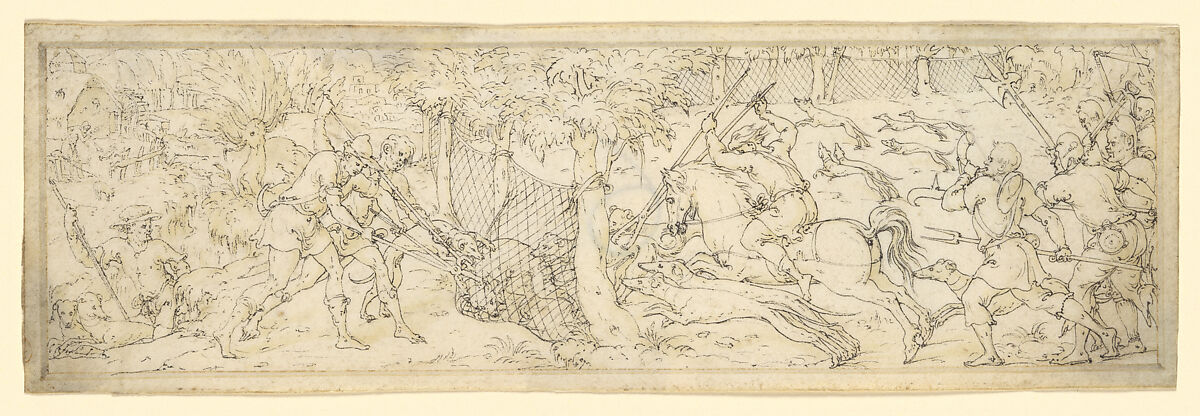 Wolf hunt, Etienne Delaune (French, Orléans 1518/19–1583 Strasbourg), Pen and black, dark gray, and gray brown ink, and (between the pen lines of the illusionistic frame) brush and gray ink, on vellum. 