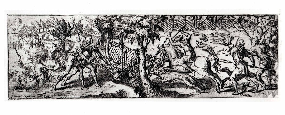 Wolf hunt, Etienne Delaune (French, Orléans 1518/19–1583 Strasbourg), Pen and black, dark gray, and gray brown ink, and (between the pen lines of the illusionistic frame) brush and gray ink, on vellum.