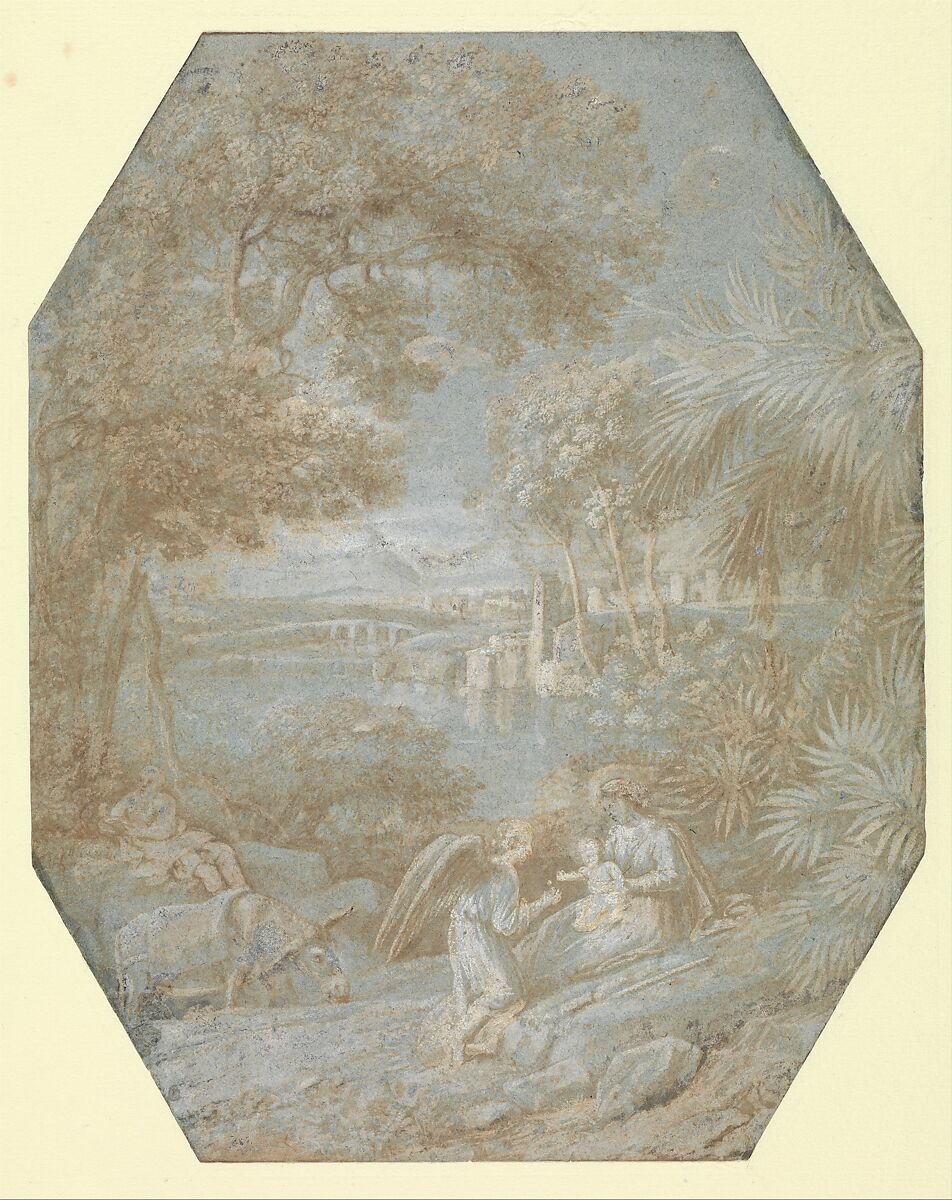 Landscape with the Rest on the Flight into Egypt, Claude Lorrain (Claude Gellée) (French, Chamagne 1604/5?–1682 Rome), Brown wash heightened with white gouache, on blue paper. 