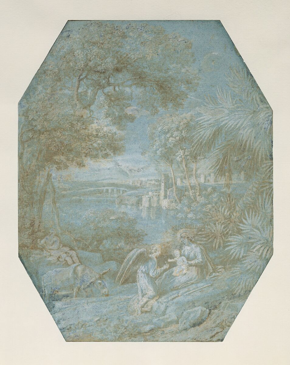 Landscape with the Rest on the Flight into Egypt, Claude Lorrain (Claude Gellée) (French, Chamagne 1604/5?–1682 Rome), Brown wash heightened with white gouache, on blue paper.