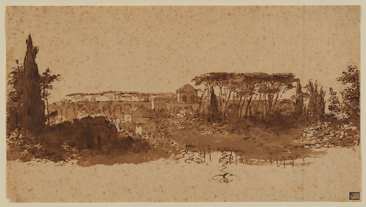 Roman Landscape, Claude Lorrain (Claude Gellée) (French, Chamagne 1604/5?–1682 Rome) (?), Sepia ink and wash 