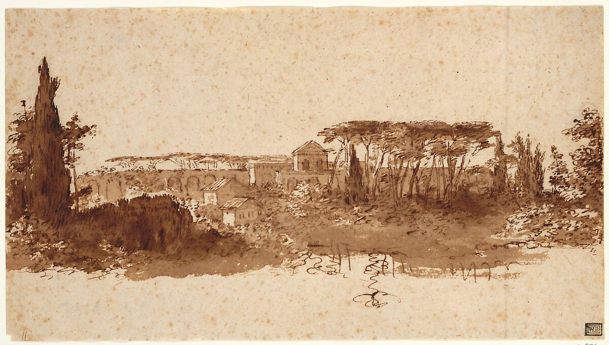 Roman Landscape, Claude Lorrain (Claude Gellée) (French, Chamagne 1604/5?–1682 Rome) (?), Sepia ink and wash