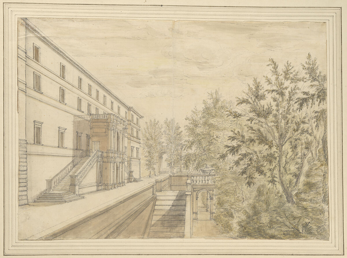 View of the Garden Terrace of the Villa d'Este at Tivoli, Israel Silvestre (French, Nancy 1621–1691 Paris), Pencil, black ink, sepia and gray wash, pale green watercolor. 