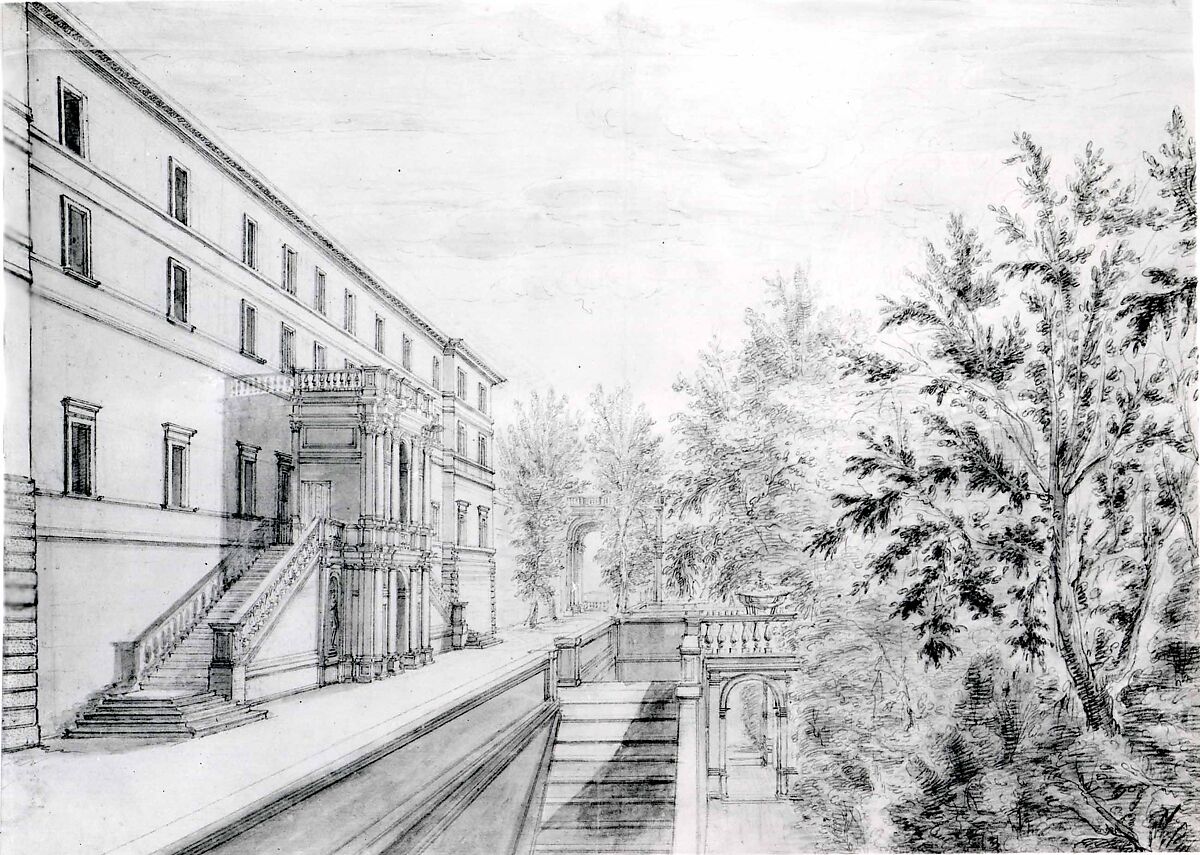 View of the Garden Terrace of the Villa d'Este at Tivoli, Israel Silvestre (French, Nancy 1621–1691 Paris), Pencil, black ink, sepia and gray wash, pale green watercolor.