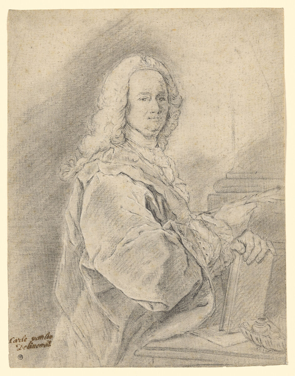 Portrait of a Man Holding a Pen, French (first half of the eighteenth century), Black chalk with white heightening (?), French 