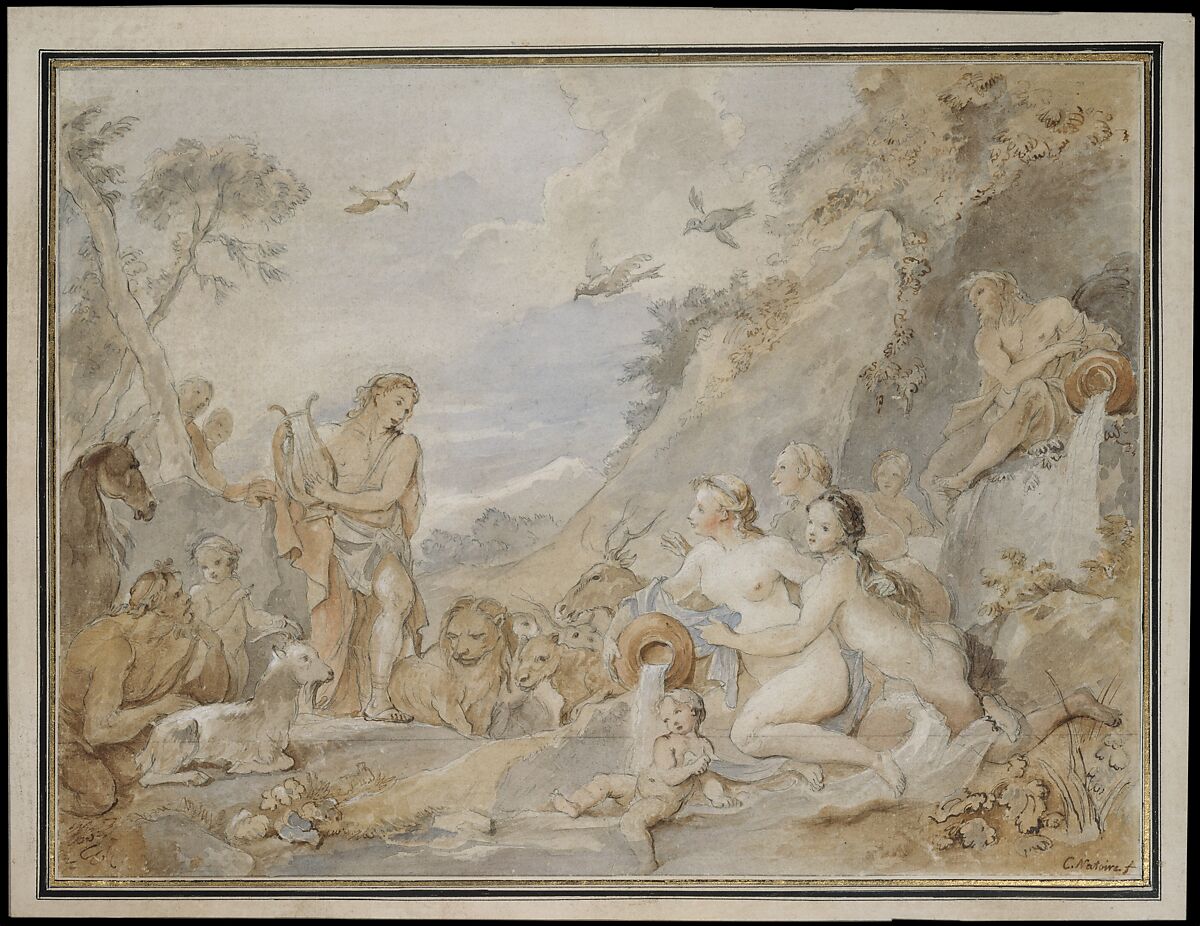 Orpheus Charming the Nymphs, Dryads, and Animals, Charles Joseph Natoire (French, Nîmes 1700–1777 Castel Gandolfo), Pen and brown ink, brown and gray wash, pale blue, yellow, and pink watercolor and white heightening over preliminary drawing in pencil and black chalk. 