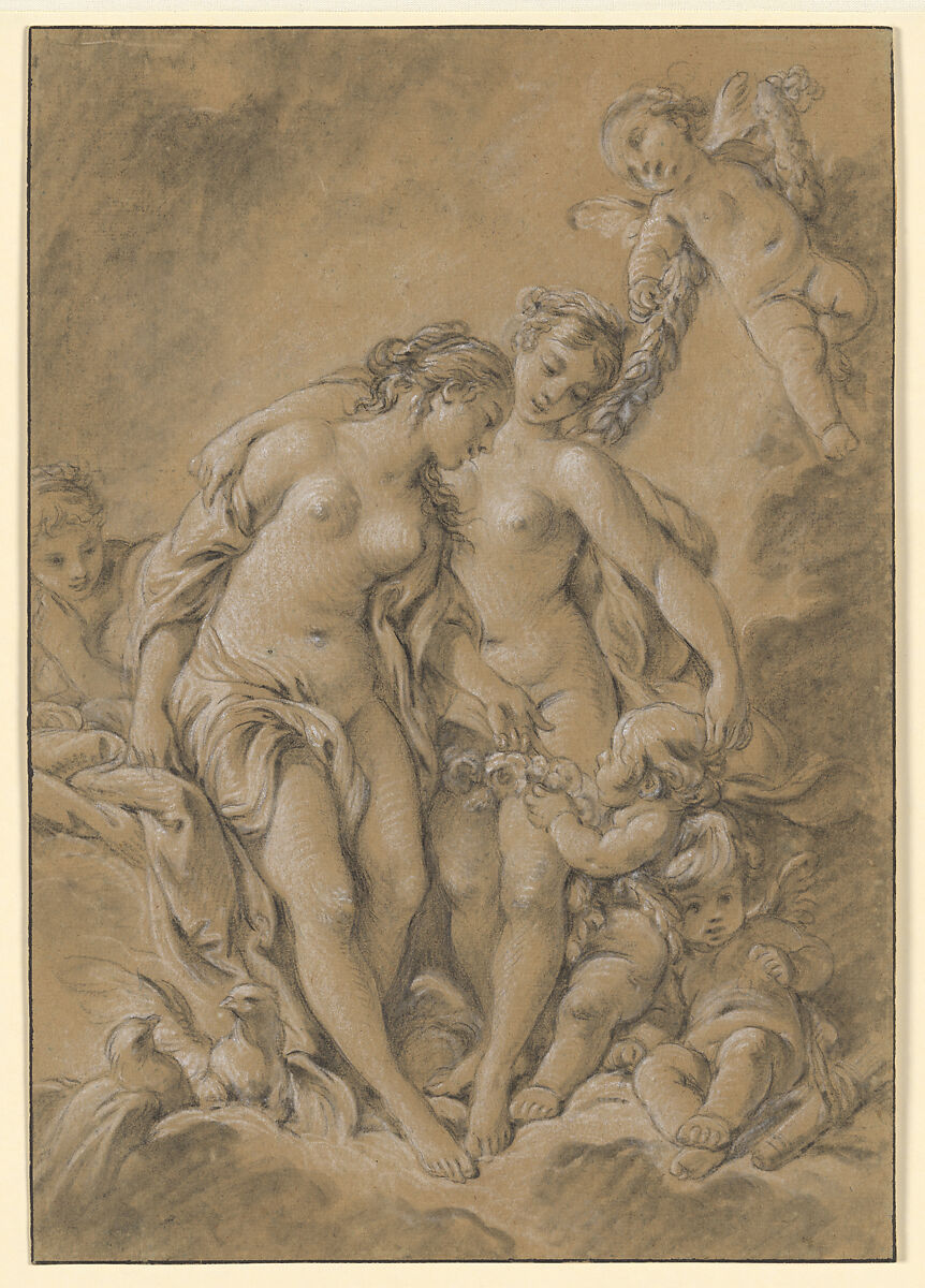 Nymphs and Cupids, François Boucher (French, Paris 1703–1770 Paris), Black and white chalk, partially stumped, on tan paper. 