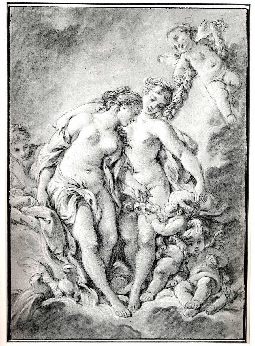 Nymphs and Cupids, François Boucher (French, Paris 1703–1770 Paris), Black and white chalk, partially stumped, on tan paper.