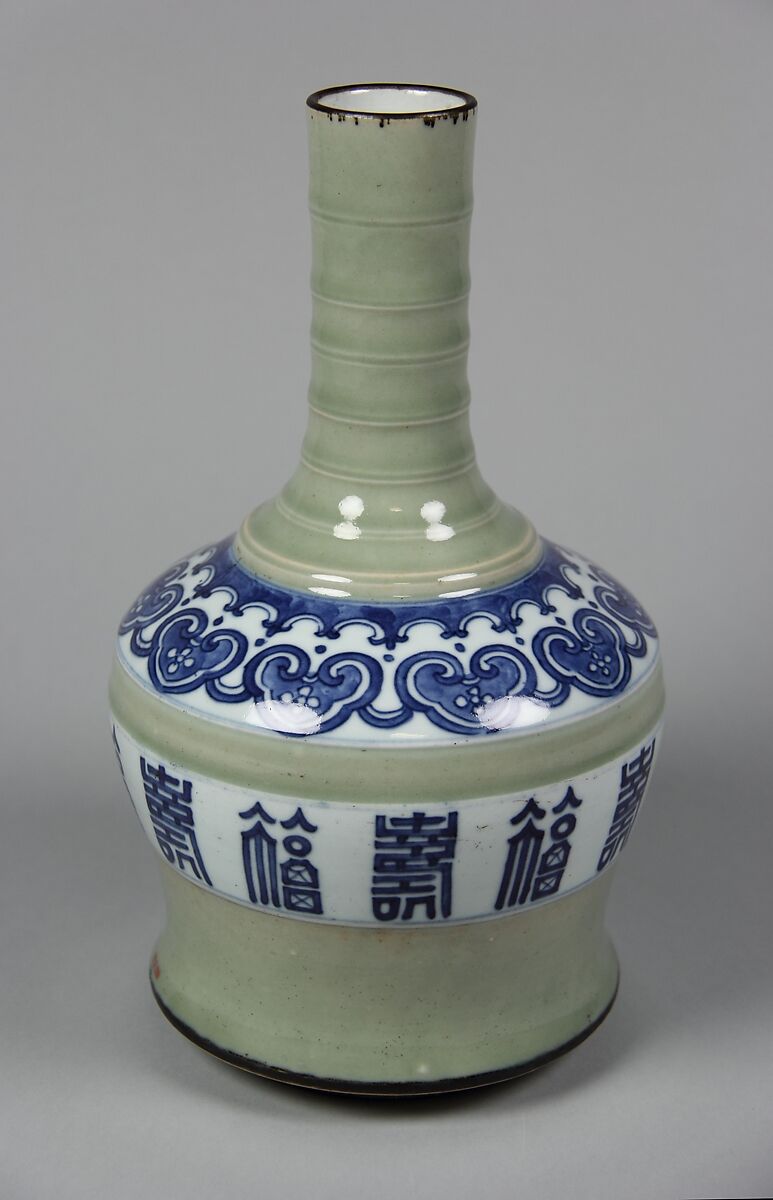 Vase with characters fortune (fu) and longevity (shou), Porcelain painted in underglaze cobalt blue, with celadon glaze (Jingdezhen ware), China