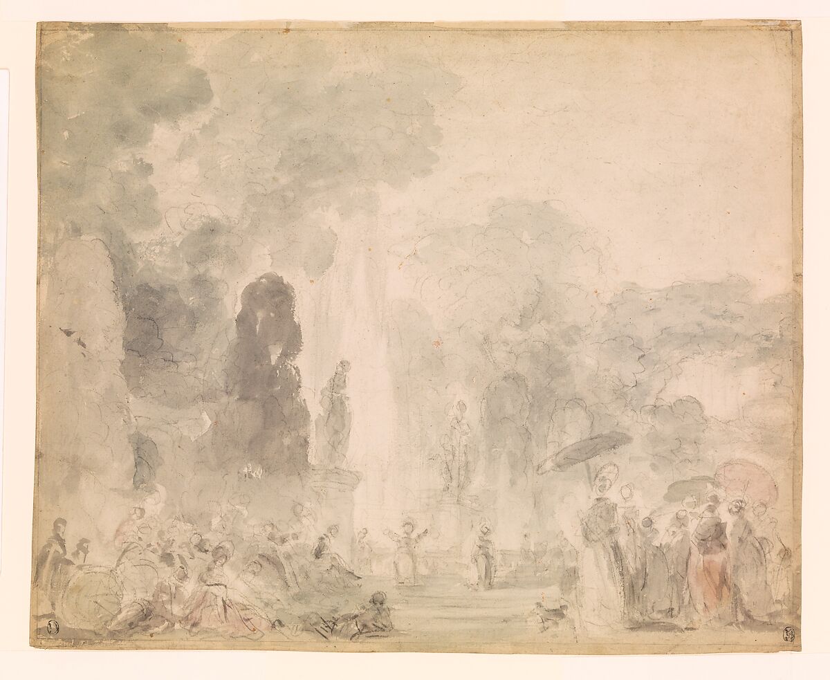 View of a Park, Jean Honoré Fragonard (French, Grasse 1732–1806 Paris), Black chalk with gray wash and touches of green and pink watercolor over pencil underdrawing; verso: black chalk. 