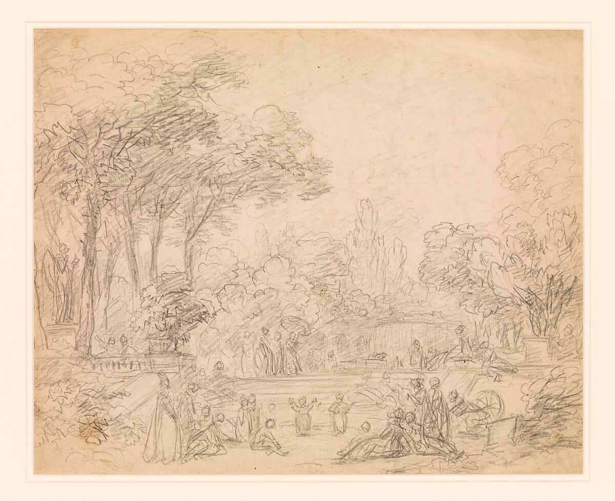 View of a Park, Jean Honoré Fragonard (French, Grasse 1732–1806 Paris), Black chalk with gray wash and touches of green and pink watercolor over pencil underdrawing; verso: black chalk.