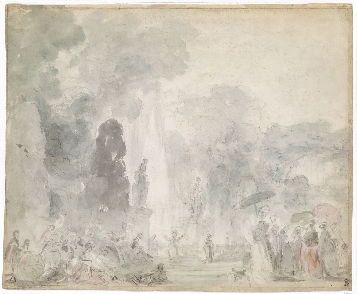View of a Park, Jean Honoré Fragonard (French, Grasse 1732–1806 Paris), Black chalk with gray wash and touches of green and pink watercolor over pencil underdrawing; verso: black chalk.