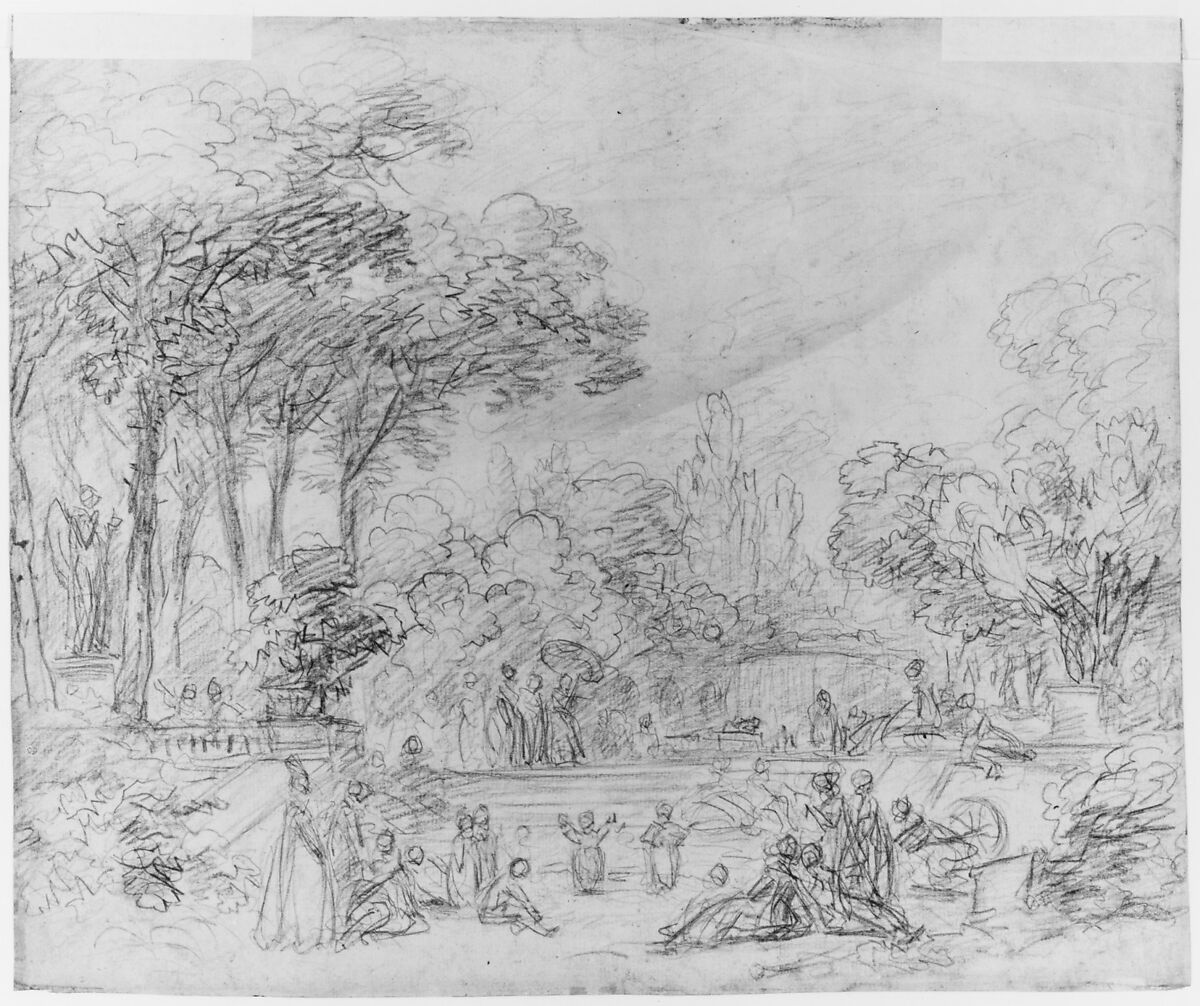 View of a Park, Jean Honoré Fragonard (French, Grasse 1732–1806 Paris), Black chalk with gray wash and touches of green and pink watercolor over pencil underdrawing; verso: black chalk.