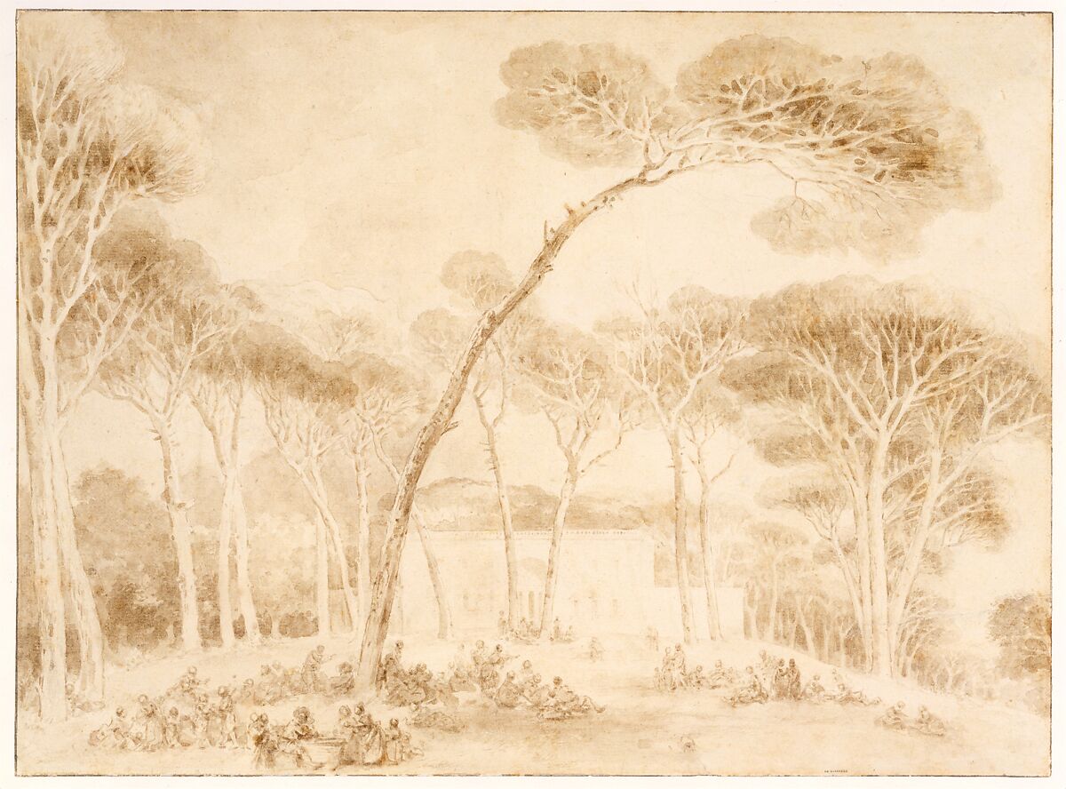 Imaginary View of a Roman Villa, Jean Honoré Fragonard (French, Grasse 1732–1806 Paris), Bister wash over pencil