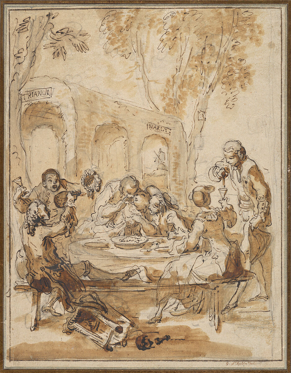 Revelers at a Table in the Countryside, Gabriel de Saint-Aubin (French, Paris 1724–1780 Paris), Pen and black ink with bister wash over black chalk 