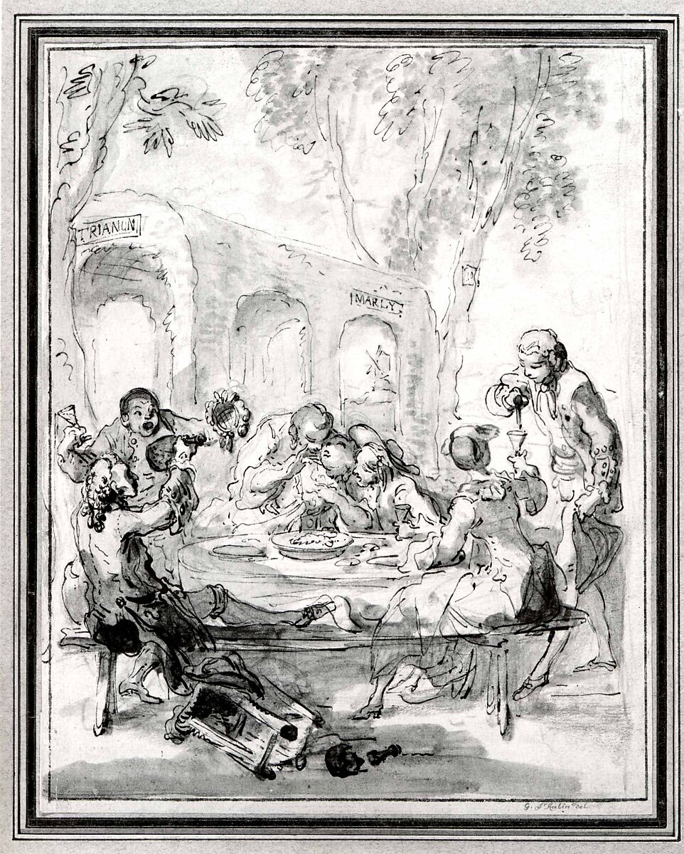 Revelers at a Table in the Countryside, Gabriel de Saint-Aubin (French, Paris 1724–1780 Paris), Pen and black ink with bister wash over black chalk