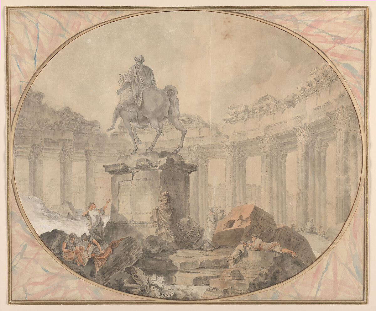 Equestrian Statue of Marcus Aurelius, Hubert Robert (French, Paris 1733–1808 Paris), Pen and black ink, brush and gray and brown wash, pale rose watercolor and white heightening over black chalk. 