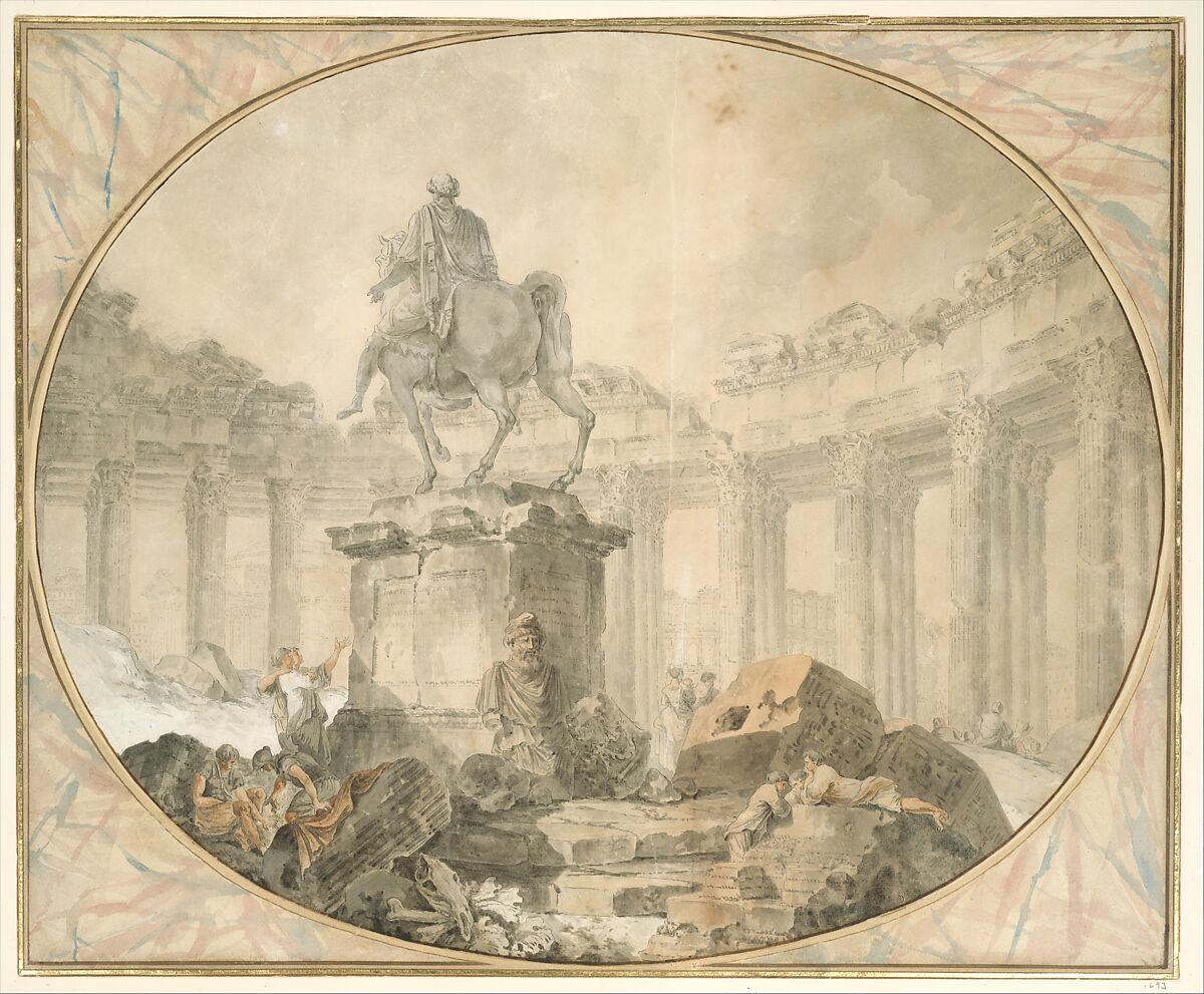 Equestrian Statue of Marcus Aurelius, Hubert Robert (French, Paris 1733–1808 Paris), Pen and black ink, brush and gray and brown wash, pale rose watercolor and white heightening over black chalk.