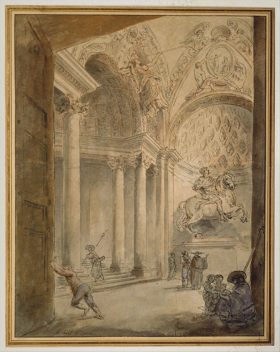 Interior of Saint Peter's, Hubert Robert (French, Paris 1733–1808 Paris), Pen and black ink over blue, green, and rose watercolor, gray and brown wash with red chalk underdrawing.