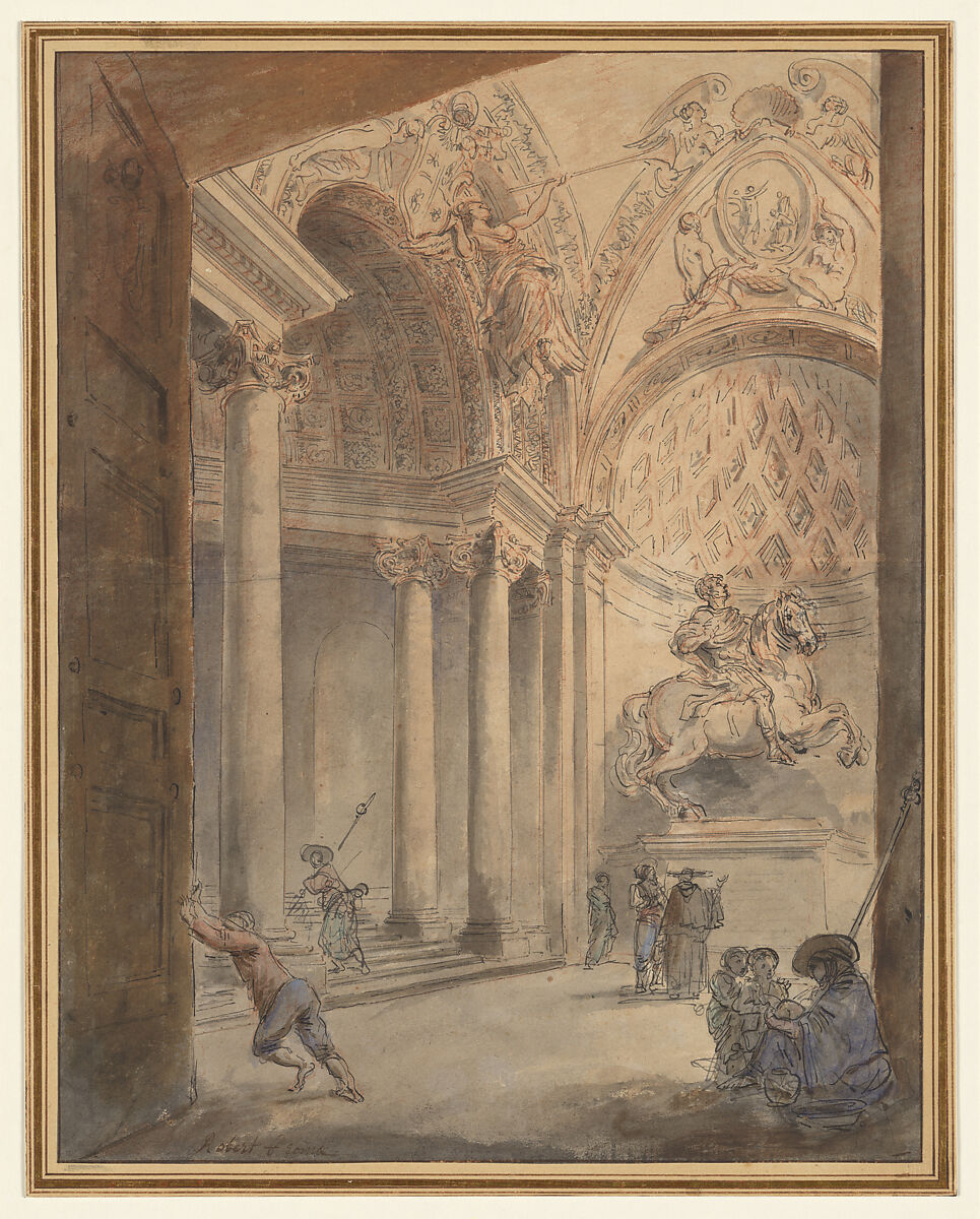 Interior of Saint Peter's, Hubert Robert (French, Paris 1733–1808 Paris), Pen and black ink over blue, green, and rose watercolor, gray and brown wash with red chalk underdrawing. 