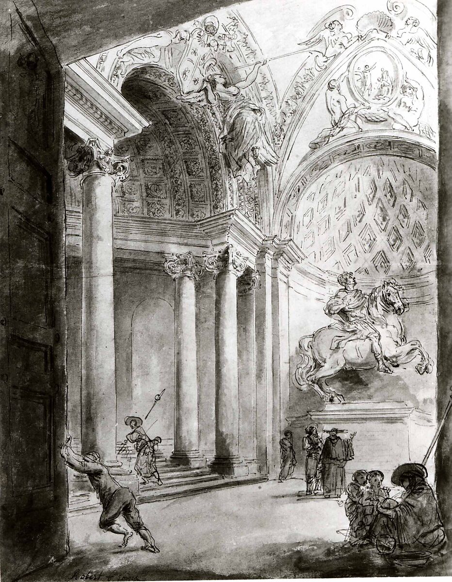 Interior of Saint Peter's, Hubert Robert (French, Paris 1733–1808 Paris), Pen and black ink over blue, green, and rose watercolor, gray and brown wash with red chalk underdrawing.
