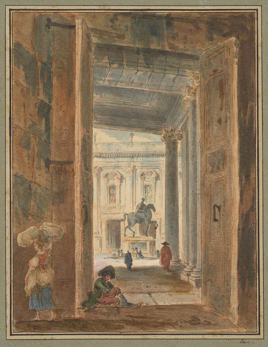 View of the Campidoglio with the Statue of Marcus Aurelius, Hubert Robert (French, Paris 1733–1808 Paris), Pen and black ink, brush and watercolor over red chalk counterproof. 