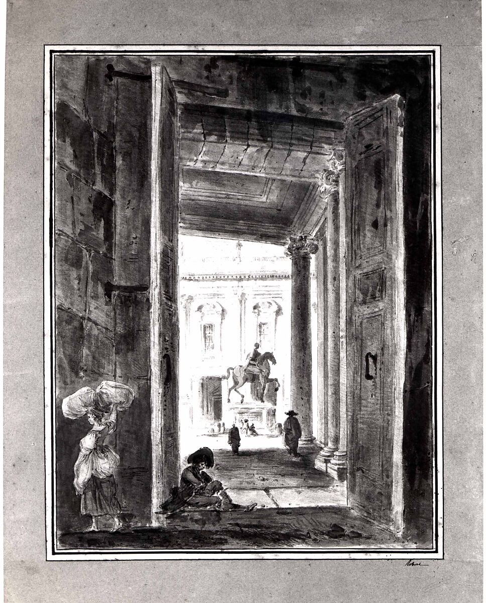 View of the Campidoglio with the Statue of Marcus Aurelius, Hubert Robert (French, Paris 1733–1808 Paris), Pen and black ink, brush and watercolor over red chalk counterproof.