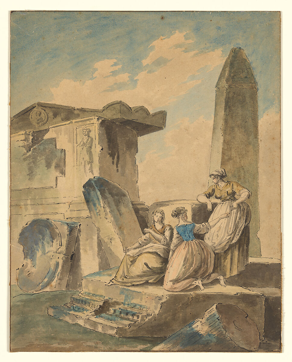 Three Young Girls by Ruins, copy after Hubert Robert (French, Paris 1733–1808 Paris), Pen and black ink, brush and gray wash, and pink, blue, moss green, and pale gold watercolor. 