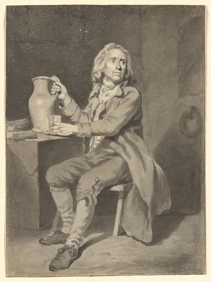 Seated Man with a Pitcher and a Glass, Jean Jacques de Boissieu (French, Lyons 1736–1810 Lyons), Brush and black ink with gray wash., French 