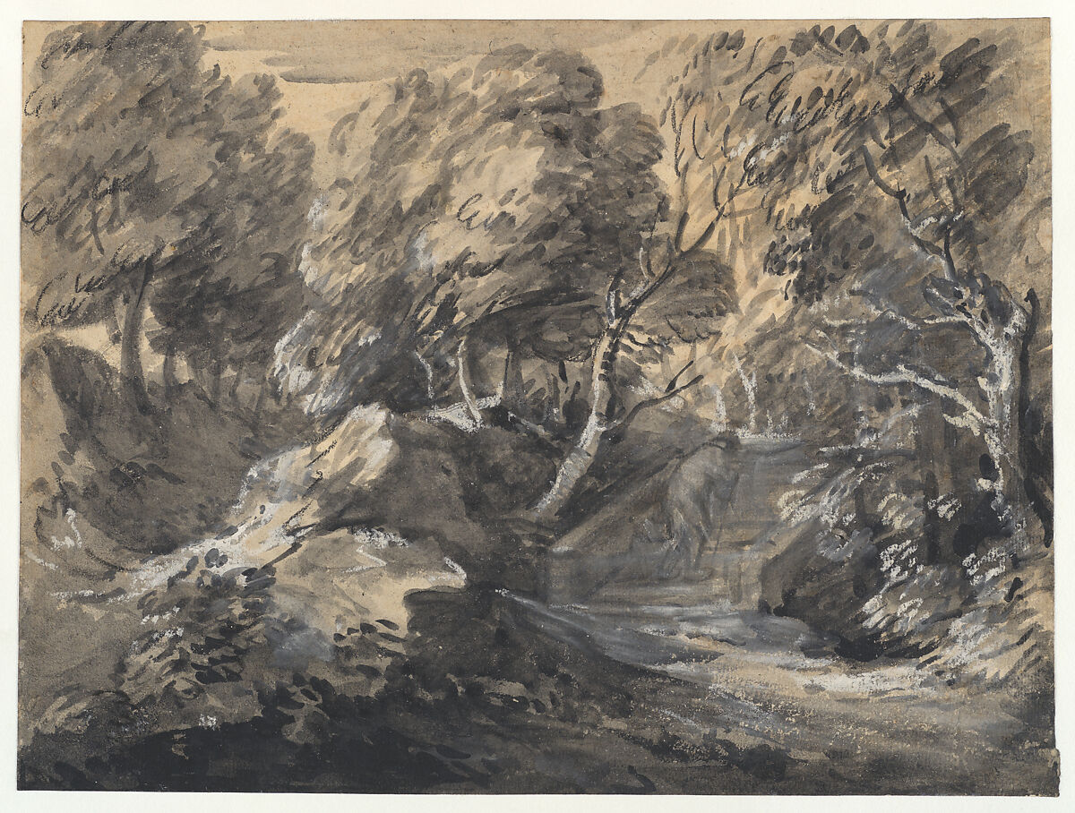 Wooded Landscape with a Man Crossing a Bridge, Thomas Gainsborough (British, Sudbury 1727–1788 London), Black and white chalk, brush and gray ink, gray wash and with body color on tan paper 
