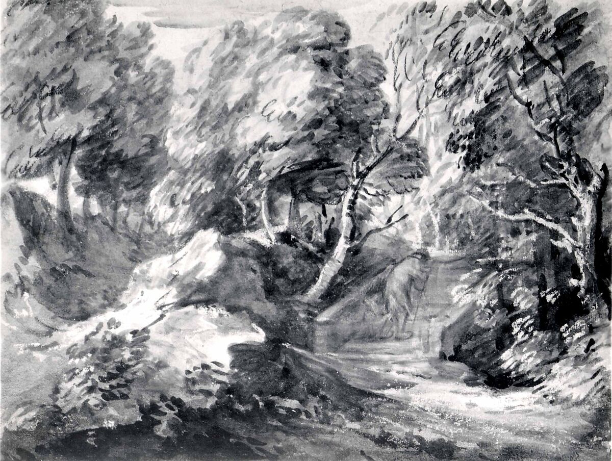 Wooded Landscape with a Man Crossing a Bridge, Thomas Gainsborough (British, Sudbury 1727–1788 London), Black and white chalk, brush and gray ink, gray wash and with body color on tan paper