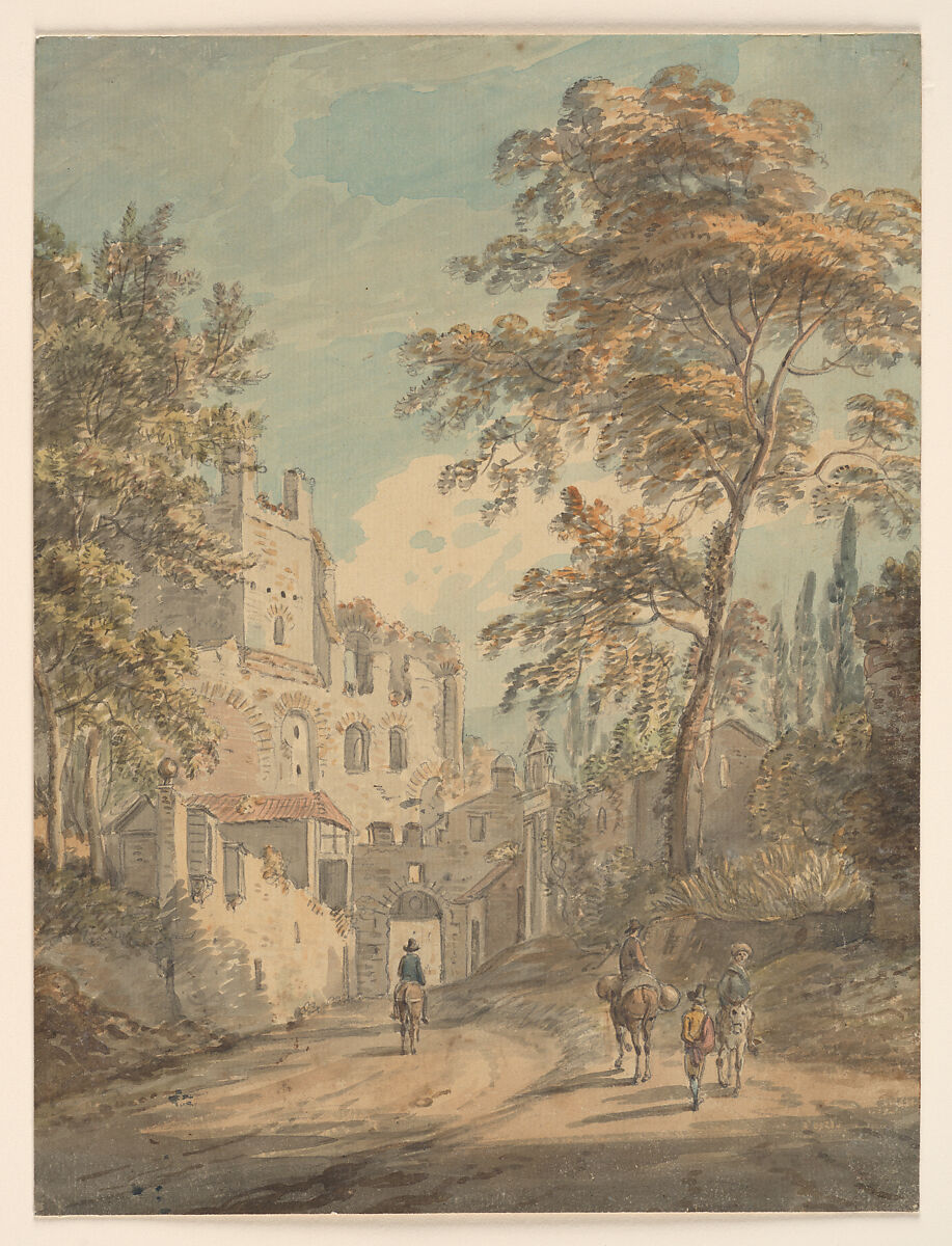 Travelers Entering a Town, Paul Sandby  British, Watercolor over pencil, British