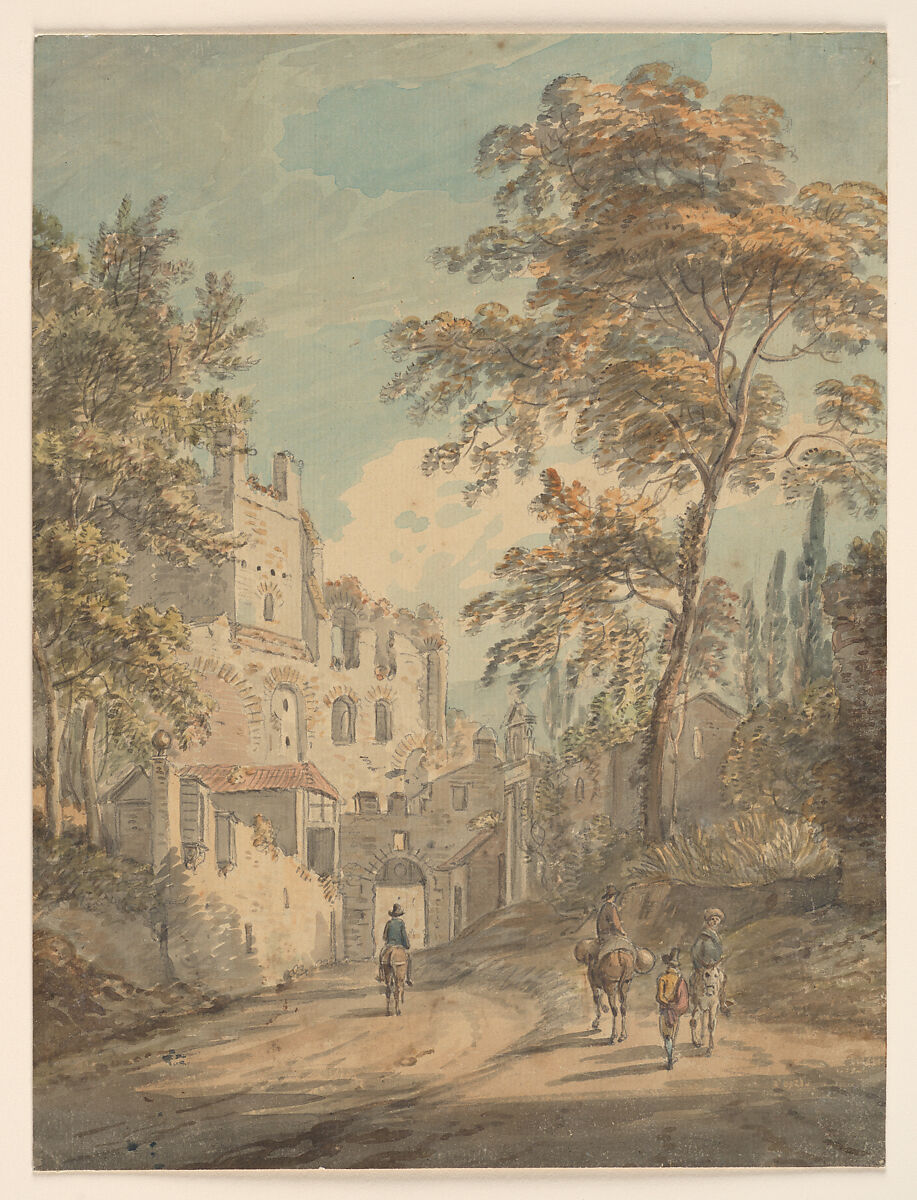 Travelers Entering a Town, Paul Sandby (British, baptized Nottingham 1731–1809 London), Watercolor over pencil, British 