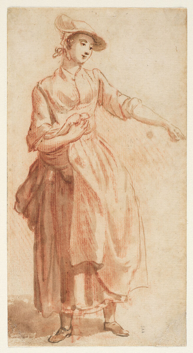 A Young Woman, Full Length, with Her Left Arm Outstretched, Paul Sandby  British, Red chalk and red and brown wash