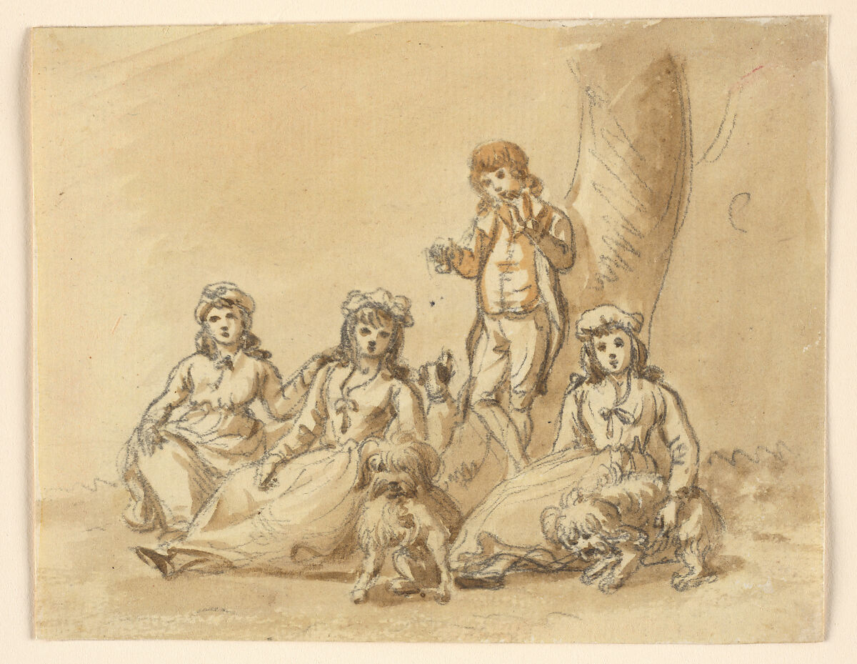 A Group of Four Children, with Dogs, Paul Sandby  British, Brush and brown ink and brown washes over pencil.