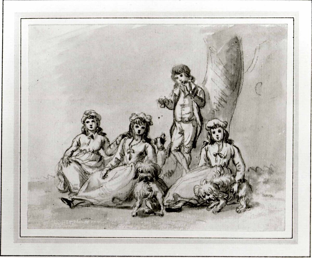 A Group of Four Children, with Dogs, Paul Sandby (British, baptized Nottingham 1731–1809 London), Brush and brown ink and brown washes over pencil.