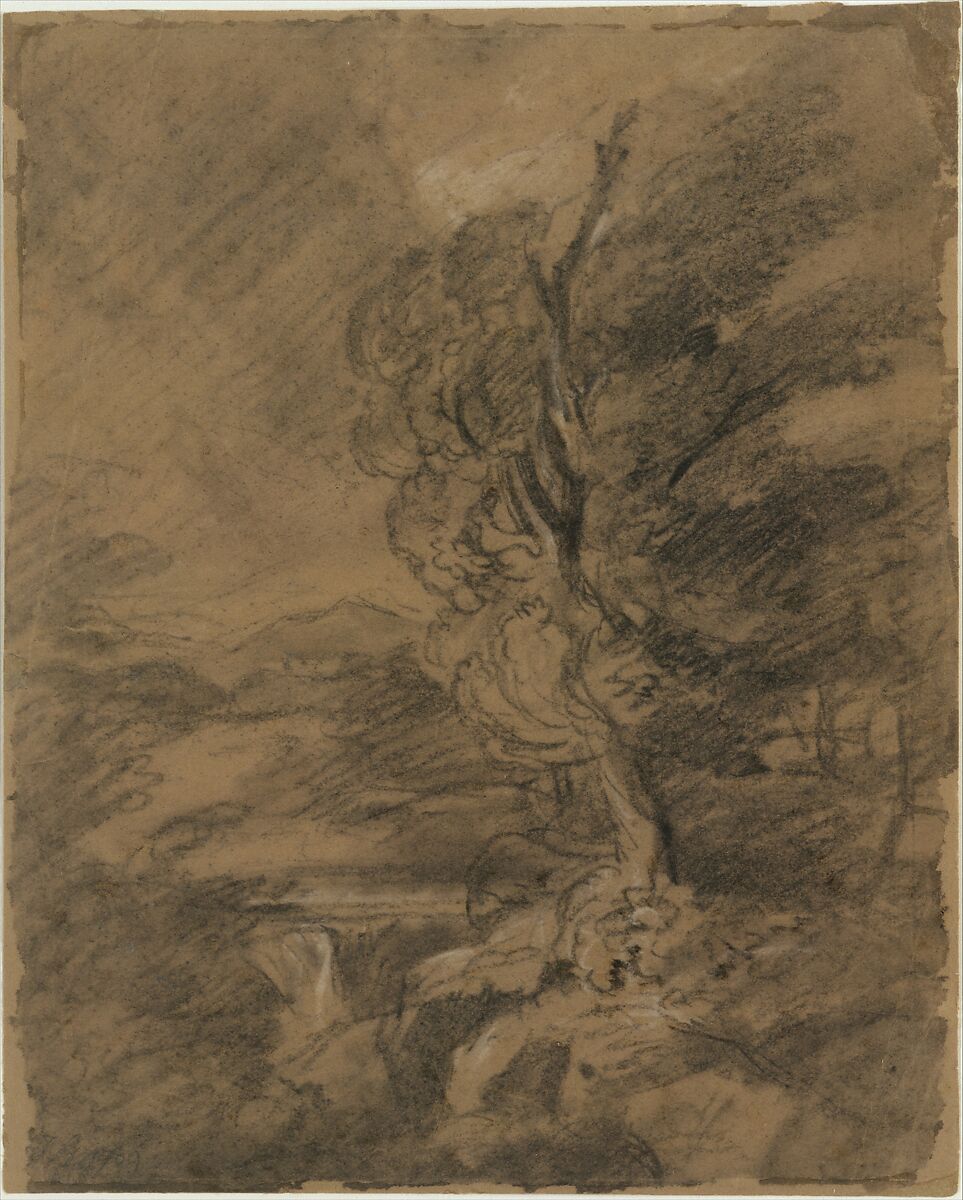 Stormy Landscape, John Hoppner (British, London 1758–1810 London), Black and white chalk, gray wash, on grayish brown paper 