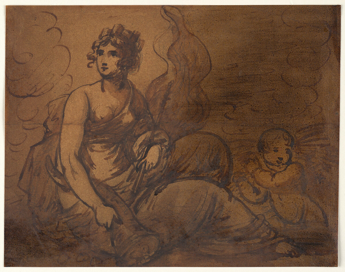 Study of an Allegorical Female Figure with an Attendant Putto, England, Brush and brown ink, brown washes, over traces of pencil; partly varnished.