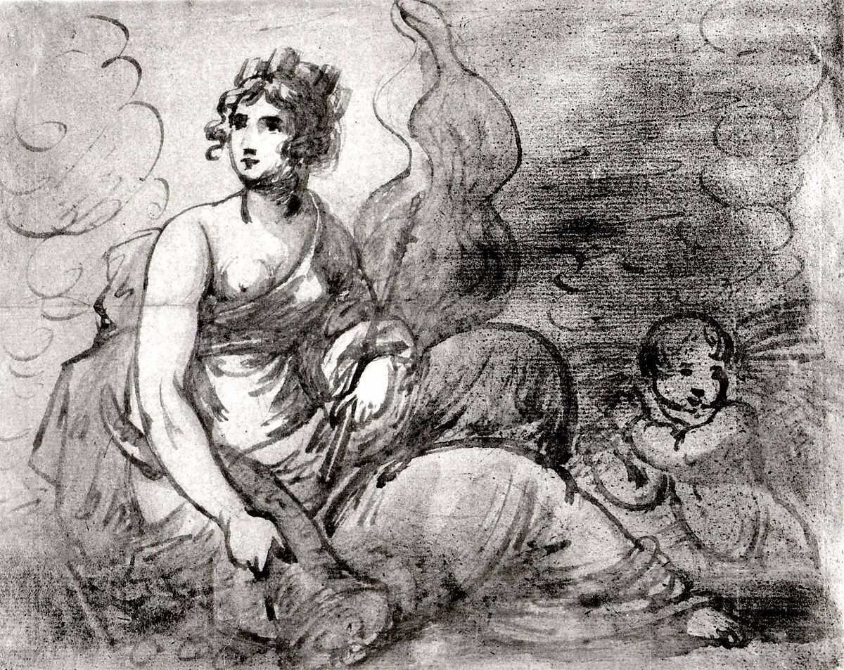 Study of an Allegorical Female Figure with an Attendant Putto, England (eighteenth century), Brush and brown ink, brown washes, over traces of pencil; partly varnished.