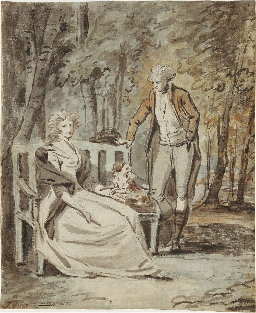 Study for a Portrait: A Lady and a Gentleman in a Park, England (eighteenth century), Brush and watercolor, colored washes, over pencil, on thin paper 