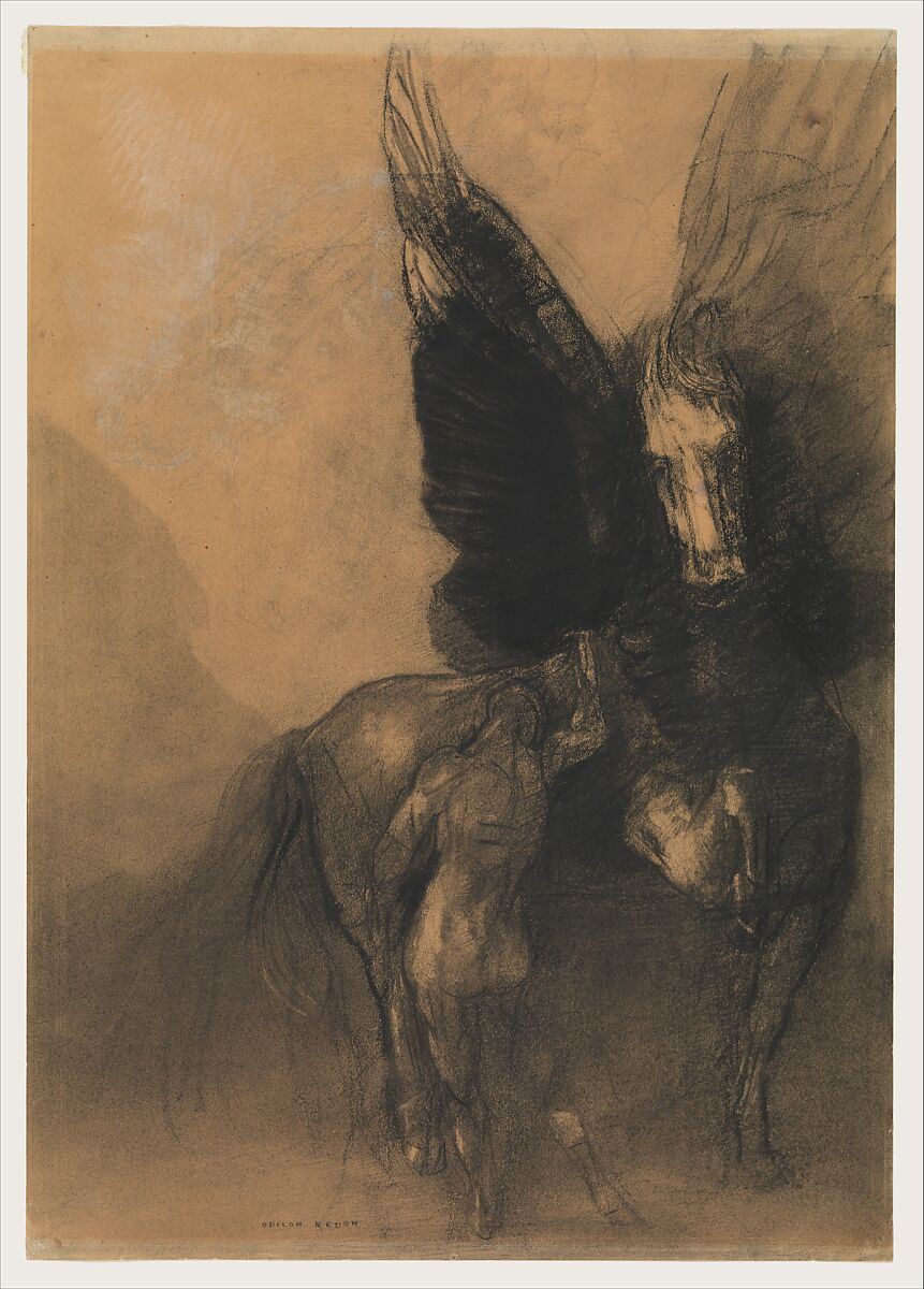 Pegasus and Bellerophon, Odilon Redon (French, Bordeaux 1840–1916 Paris), Charcoal, charcoal with water wash, white chalk, conté crayon, and highlighting by erasure on buff papier bleuté, darkened. 