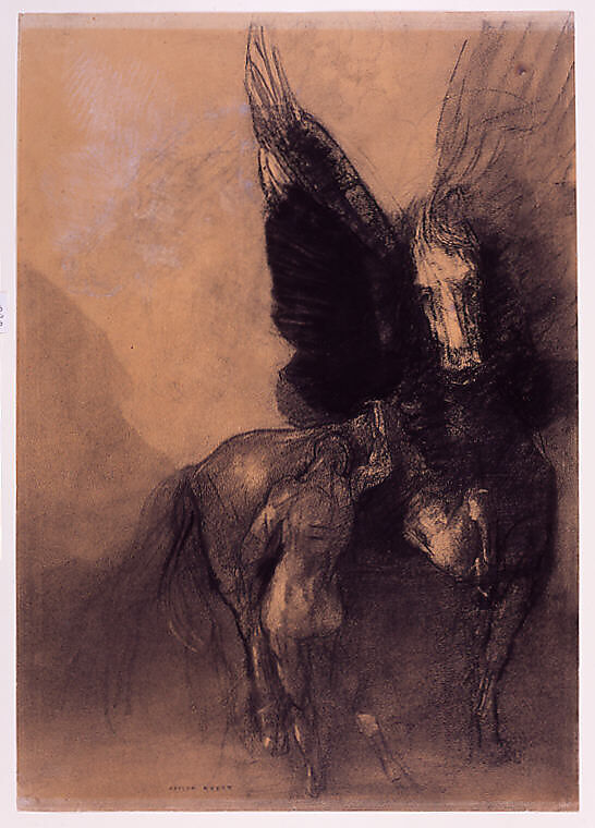Pegasus and Bellerophon, Odilon Redon (French, Bordeaux 1840–1916 Paris), Charcoal, charcoal with water wash, white chalk, conté crayon, and highlighting by erasure on buff papier bleuté, darkened.