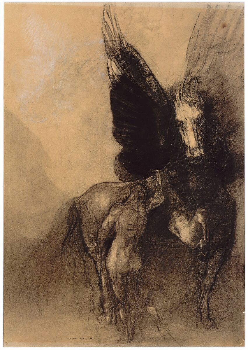 Pegasus and Bellerophon, Odilon Redon (French, Bordeaux 1840–1916 Paris), Charcoal, charcoal with water wash, white chalk, conté crayon, and highlighting by erasure on buff papier bleuté, darkened.
