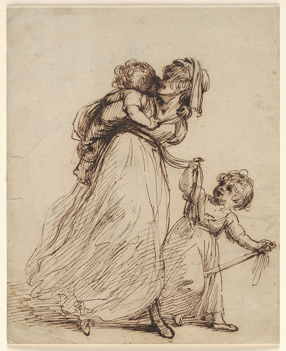 Study of a Woman and Two Children, Sir Joshua Reynolds (British, Plympton 1723–1792 London), Pen and brown ink over traces of pencil, British 