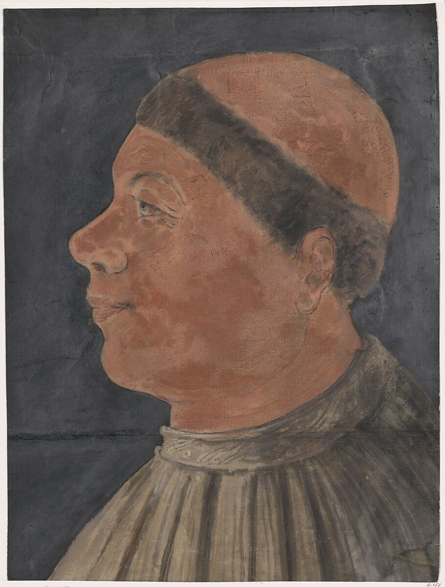 Profile Portrait of Bishop Antonius Campanus of Agram (Zagreb), Possibly French, Opaque copper-colored wash with pen and ink details against a black background, French or Italian 